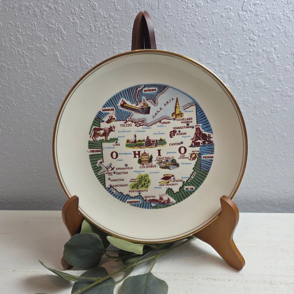 Vintage Homer‎ Laughlin Rhythm Ohio State Map Souvenir Plate Gold Trim